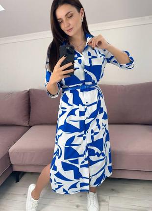 Синя біла жіноча сукня сорочка міді жіноча довга сукня сорочка софт1 фото