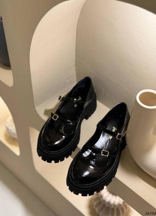 Хитовые туфли лоферы мери джейн на низком ходу черные лакированные с двумя ремешками3 фото