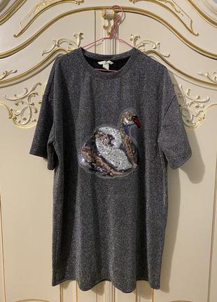 Серебряное платье с люрексом люрексовое платье футболка с вышивкой из бисера с вышитым лебедем2 фото