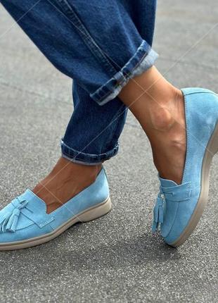 Жіночі замшеві туфлі блакитні, стильні туфлі на зручній підошві, шкіра багато кольорів, розмір 36-415 фото