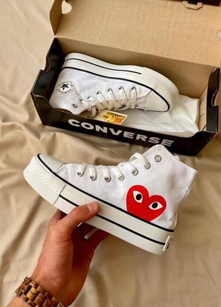 Жіночі кеди comme des garçons play x converse ‘white’ / конверс білі високі з сердечком