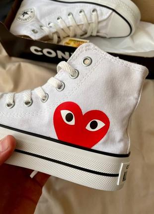 Жіночі кеди comme des garçons play x converse ‘white’ / конверс білі високі з сердечком3 фото