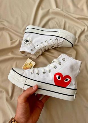 Жіночі кеди comme des garçons play x converse ‘white’ / конверс білі високі з сердечком5 фото