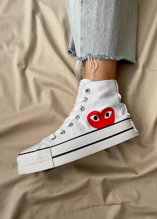 Жіночі кеди comme des garçons play x converse ‘white’ / конверс білі високі з сердечком9 фото