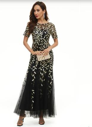 Ever-pretty элегантное черное вечернее платье- русалки с короткими рукавами и золотыми пайетками(размер 40-42)