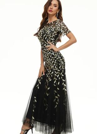 Ever-pretty элегантное черное вечернее платье- русалки с короткими рукавами и золотыми пайетками(размер 40-42)3 фото