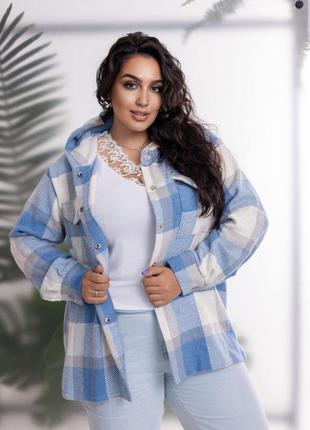 Теплая женская рубашка батал кашемир клетка голубой 52