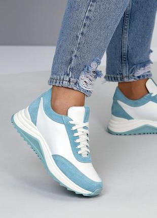 Натуральні шкіряні та замшеві білі кросівки з блакитними вставками7 фото