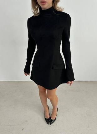 Елегантна жіночна сукня міні коротка з довгими рукавами і карманами замш2 фото