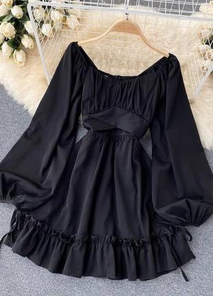 Чорна жіноча ніжна сукня міні вільного крою коротка сукня з довгим рукавом софт