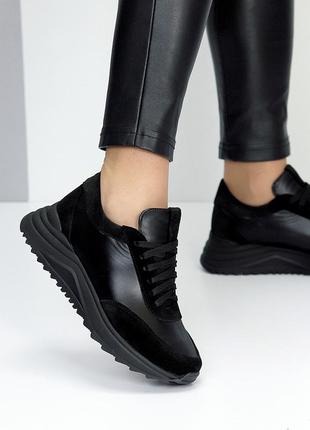 Имиджевые женские черные кроссовки натуральная кожа+замша - добавь акцент в свой образ7 фото