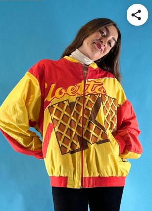 Вінтажна куртка бомбер 1980vintage 1980s red and yellow graphic racer style bomber jacket1 фото