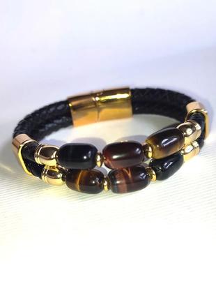 Браслет  натуральна шкіра тигрове, биче  та  соколине  око