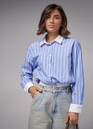 Смугаста блакитна сорочка із коміром2 фото
