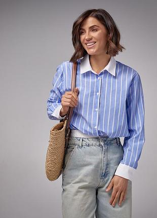 Смугаста блакитна сорочка із коміром3 фото