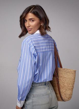 Смугаста блакитна сорочка із коміром6 фото