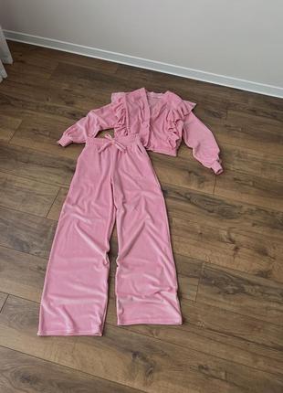 Плюшевий, велюровий рожевий костюм з широкими штанцями та гардиганом
