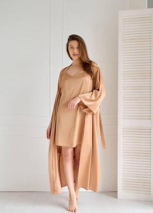 Шелковый красивый комплект ночная рубашка и удлиненный халат цвет кофе красивые домашние наборы для женщин3 фото