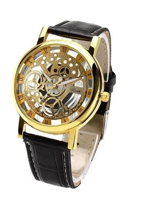 Мужские классические наручные часы «skeleton» корпус в цветовой схеме золото1 фото