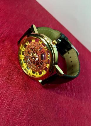 Мужские классические наручные часы «skeleton» корпус в цветовой схеме золото4 фото