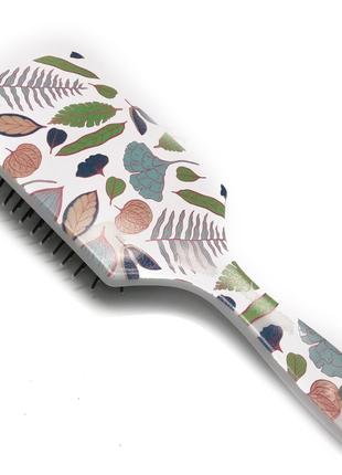 Массажная расческа для волос большая прямоугольная, белая с разноцветными листьями