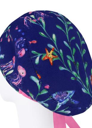 Медицинская шапочка шапка женская тканевая хлопковая многоразовая принт подводный мир2 фото