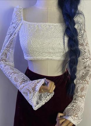 Нова з етикеткою укорочена біла мереживна блуза топ кроп розширені рукава рукава-рюші готика готичний стиль5 фото