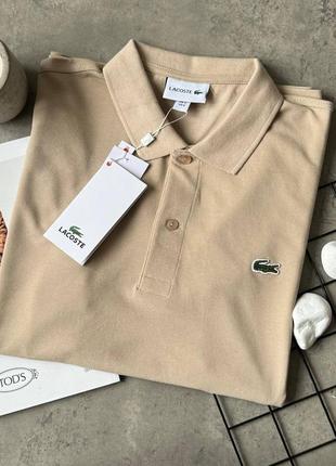 Мужская бежевая футболка поло lacoste бежева чоловіча поло lacoste оригінал