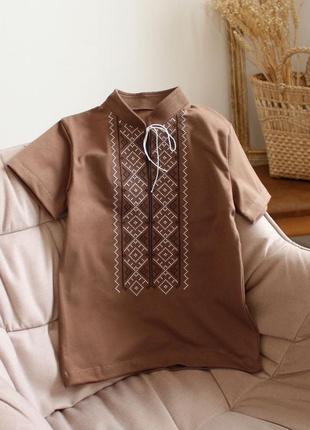 Дитяча вишита футболка вишиванка для хлопчика на короткий рукав трикотажна чорна коричнева мятна