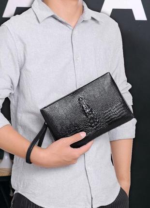 Большой мужской клатч барсетка для документов крокодил черный, мужская сумка кошелек...