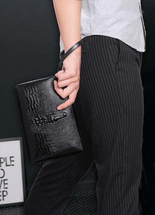 Большой мужской клатч барсетка для документов крокодил черный, мужская сумка кошелек...