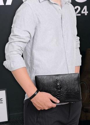 Большой мужской клатч барсетка для документов крокодил черный, мужская сумка кошелек...