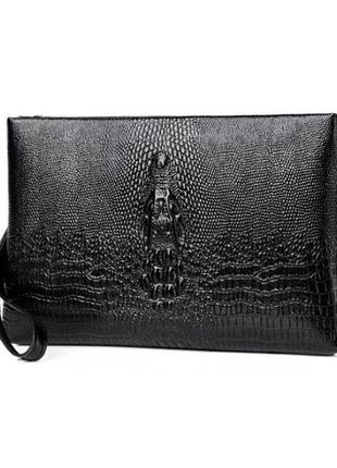 Большой мужской клатч барсетка для документов крокодил черный, мужская сумка кошелек...