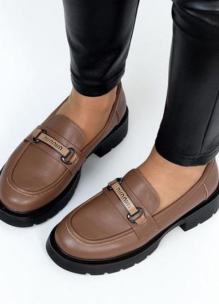 Кожаные женские коричневые лоферы на каблуке весенне осенние туфли натуральная кожа весна осень6 фото