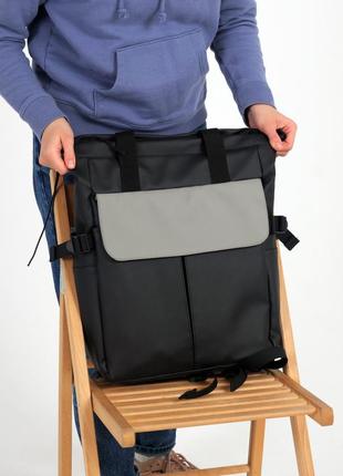 Женский шопер-рюкзак, кросс-боди комбинированный цвет черный/серый клапан из экокожи5 фото