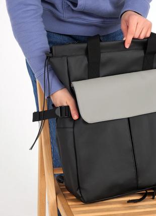 Женский шопер-рюкзак, кросс-боди комбинированный цвет черный/серый клапан из экокожи3 фото