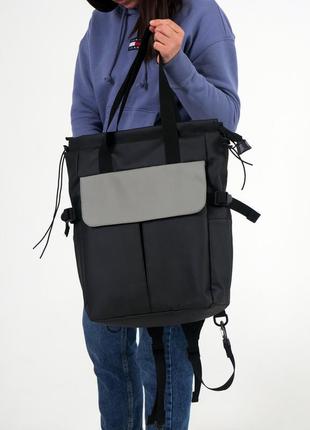 Жіночий шопер-рюкзак, крос-боді комбінований колір чорний/сірий клапан з екошкіри