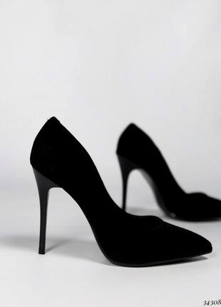 Чорні замшеві туфлі човники на високих підборах1 фото
