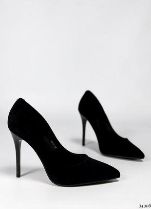 Чорні замшеві туфлі човники на високих підборах6 фото