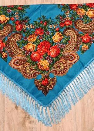 Українська національна хустка, национальный платок с бахромой, блакитна