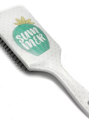 Массажная расческа для волос большая прямоугольная "summer", белая в мелкий горошек с кактусом1 фото