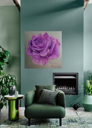 Интерьерная картина маслом большая роза на серебристом фоне5 фото