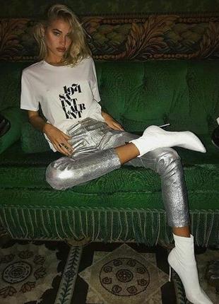 Шикарні брюки лосвни легінси з металевим напиленням срібні