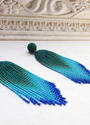 Длинные яркие серьги с бисерной бахромой, сине-зеленые серьги6 фото
