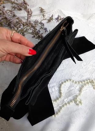 Клатч сумка с бантом натуральная кожа замш на змейке черный6 фото