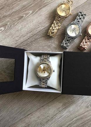 Женские часы michael kors качественные  в коробочке наручные часы с камнями золотистые серебристые3 фото