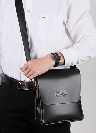 Сумка-планшет мужская polo эко кожа, мужская сумка через плечо кожаная барсетка планшетка поло черный3 фото
