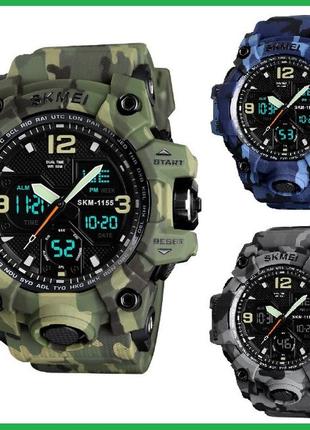 Мужские спортивные наручные часы skmei 1155 электронные с подсветкой, армейские камуфляжные часы с будильником2 фото