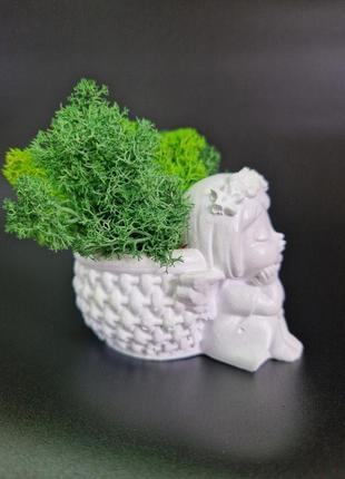 Стабилизированный мох в кашпо медведь с девочкой декор для дома сувенир особый подарок зеленый мох6 фото