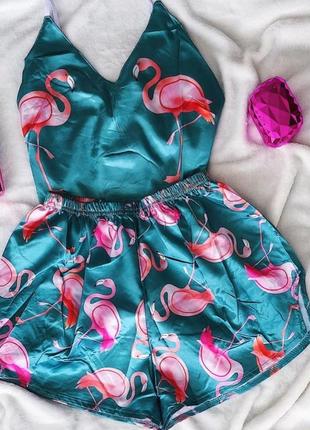💖 женская сексуальная пижама шёлк 💖 фламинго шорты майка топ домашняя пижама пижамка1 фото